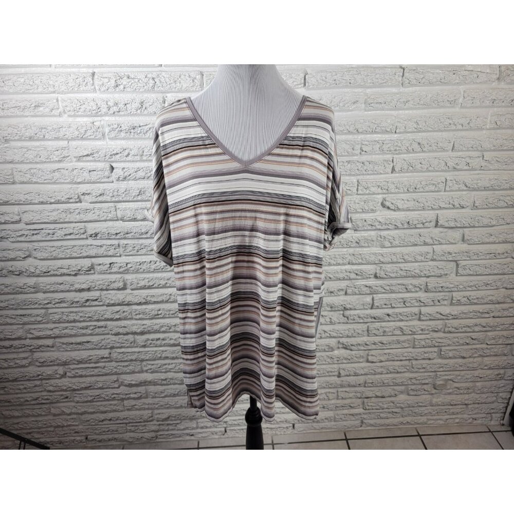 Isaac Mizrahi Live Womens Top 2X Plus Tee Gray Stripe Cotton Blend STR76E